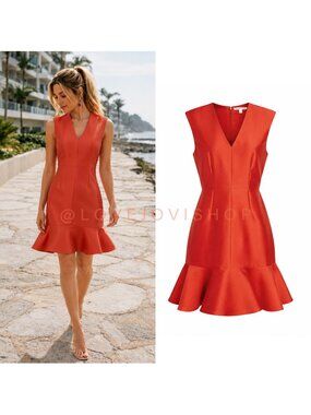 Dress | Carven Silk Blend Satin Ruffle Hem Mini Dress Deep Coral Red V Neck | 12